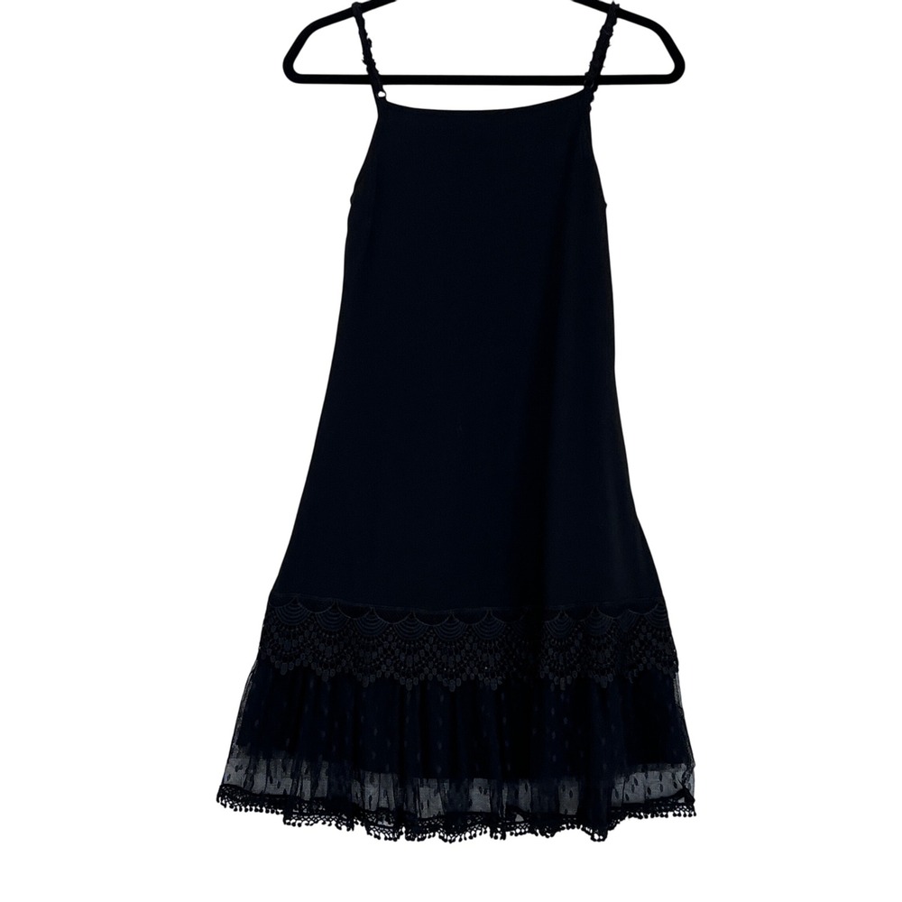Sleeveless Small Black Cotton Slip Dress wide‎ Lace and Mesh Hem Goth Witchy - Picture 3 of 10